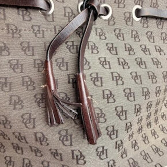Dooney & Bourke Logo Canvas Satchel Brown Monogram, Leather Handles with Tassel - Picture 4 of 10